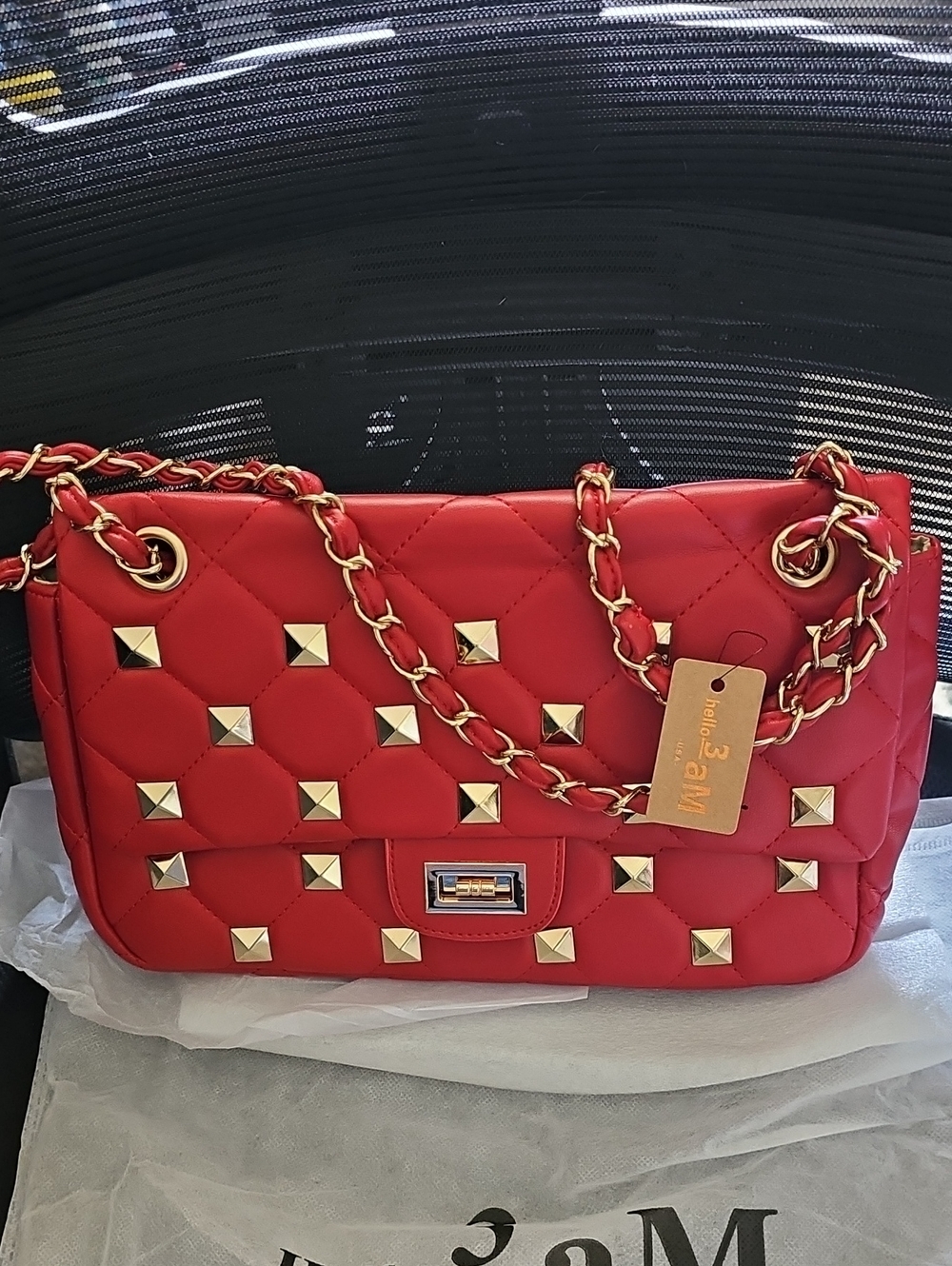 Red Quilted Chain-Handle Shoulder Bag with Gold Studs